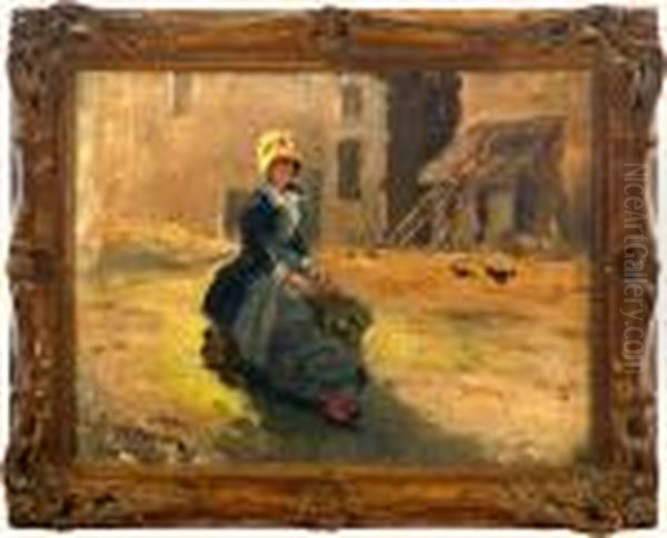 Strom: A Woman On A Yard With Buildings And Chicken. Signed Oil Painting by Per Ekstrom