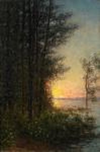 Solnedgang Over Strandlandskap Oil Painting by Per Ekstrom