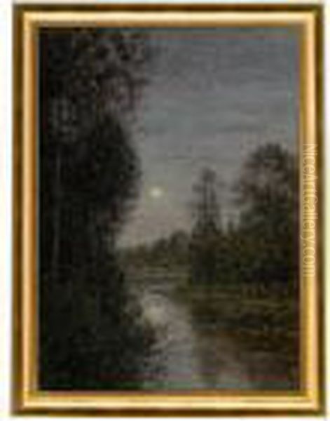 Mansken Over Flodlandskap Oil Painting by Per Ekstrom