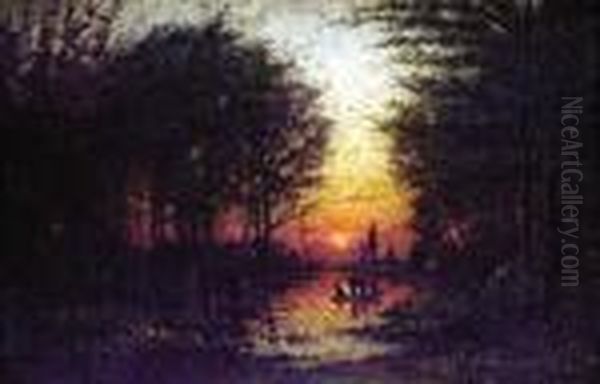 Les Inondations Du Bois De Boulogne Le Soir Au Coucher Du Soleil Oil Painting by Per Ekstrom