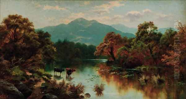 Cattle watering in a mountainous landscape Oil Painting by Edgar Longstaffe