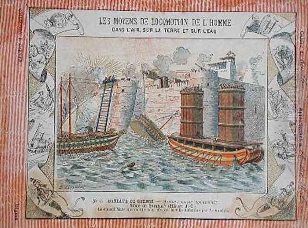 Cover of school exercise book illustrating the siege of Syracuse by the Romans under the consul Marcus Claudius Marcellus Oil Painting by E. Letellier