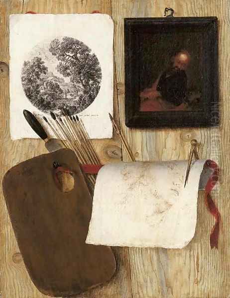 A trompe-l'oeil A palette with a spatula and paint brushes, an engraving, an oil painting, and a drawing with a pen and compass on a wooden partition Oil Painting by Jean-Francois de Le Motte