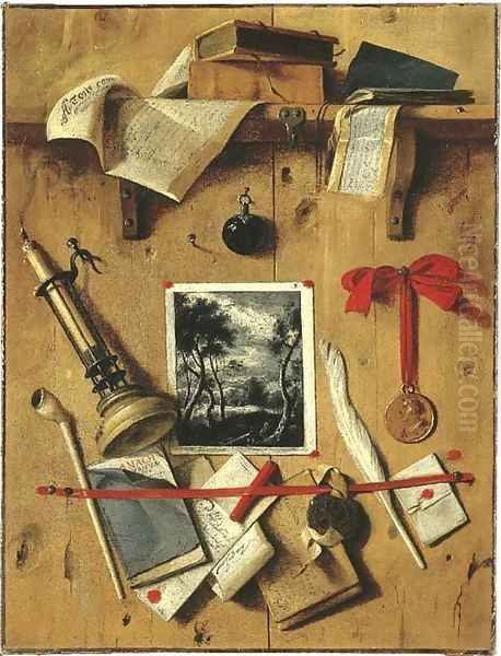 A trompe l'oeil still life of a landscape print, a candle, a medal, a pipe, books and documents affixed to a partition Oil Painting by Jean-Francois de Le Motte