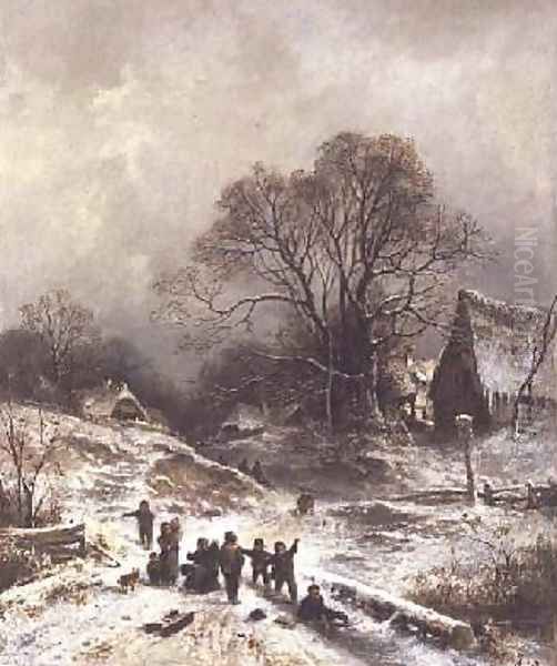 Children playing in the snow Oil Painting by Adolf Heinrich Lier