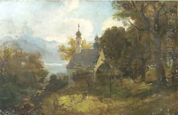 A chapel on a wooded hillside Oil Painting by Adolf Heinrich Lier