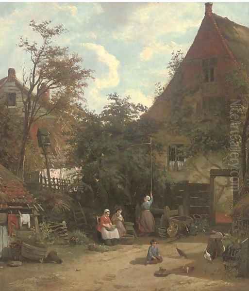 In the farmyard Oil Painting by Adolf Heinrich Lier