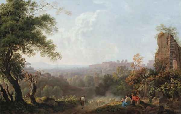 A capriccio landscape of the Roman Campagna, with a shepherd driving his flock Oil Painting by Carlo Labruzzi