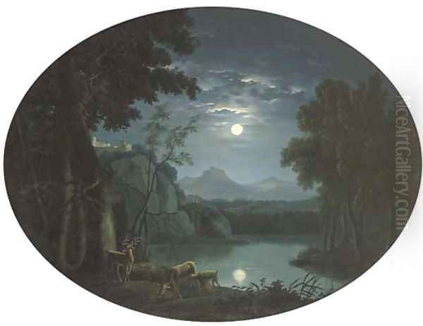 A moonlit landscape with deer by a lake, a hilltop castle beyond Oil Painting by Carlo Labruzzi