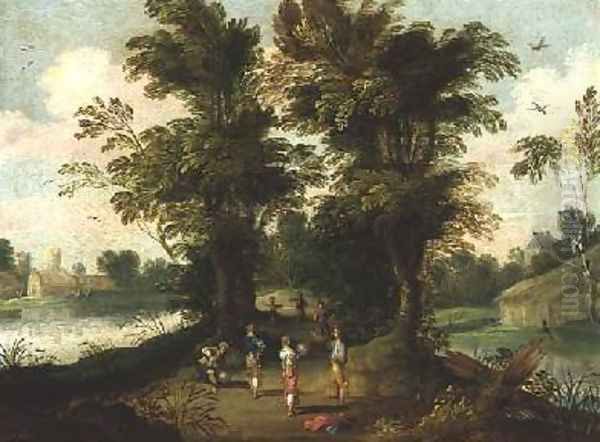 Young men playing a ball game while one blows up a bladder Oil Painting by Jasper van der Lamen