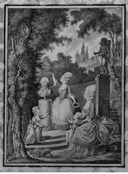 A Family honoring a Monument of their Father in a Garden Oil Painting by Jean Jacques Francois Le Barbier