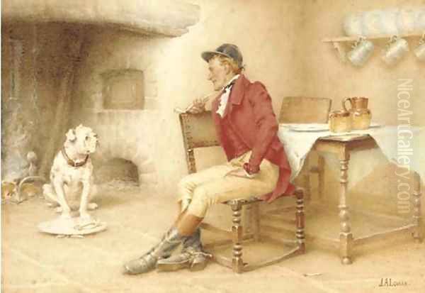 A huntsmen feeding his dog Oil Painting by John Arthur Lomax