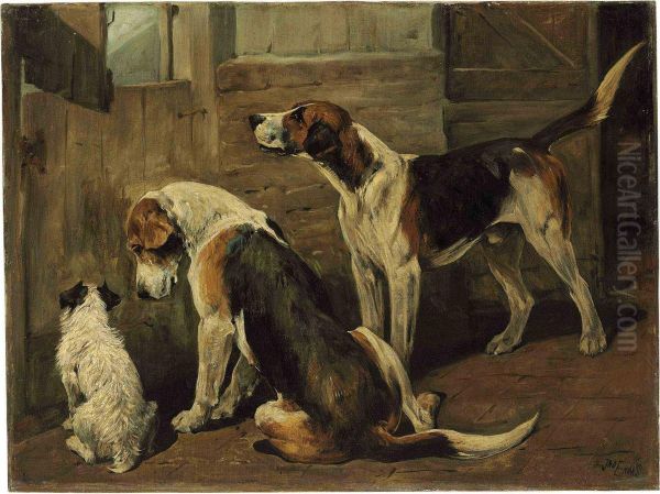 Waiting For The Hunt: A Terrier And Two Hounds Oil Painting by John Emms