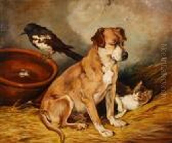 Dog And Cat In An Interior Oil Painting by John Emms