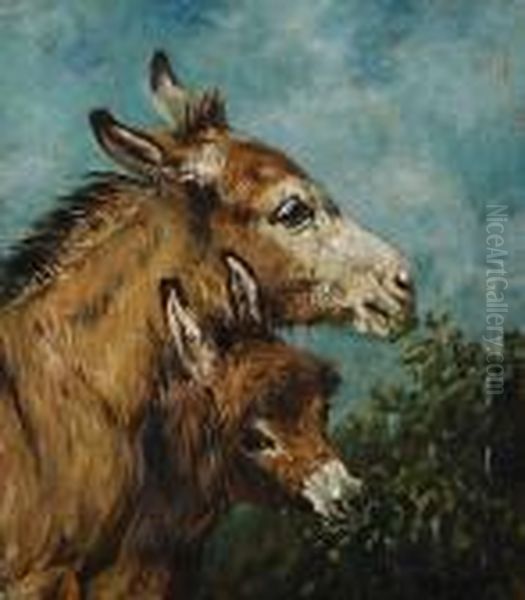 A Donkey With Her Foal Oil Painting by John Emms