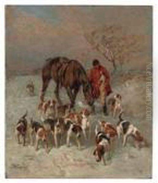 A Winter's Evening, Hounds And Huntsman Returning Home Oil Painting by John Emms