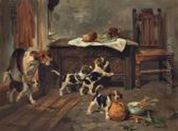 Hounds And Puppies In An Interior Oil Painting by John Emms