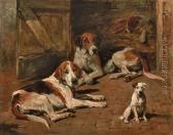 Hounds And A Terrier In A Stable Oil Painting by John Emms