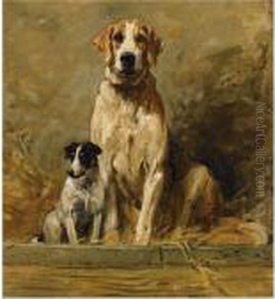 Hound And Terrier In A Kennel Oil Painting by John Emms