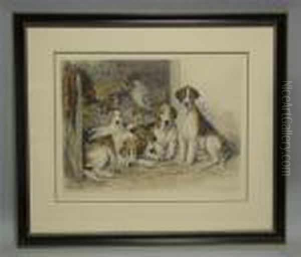 6 Hounds And A Jack Russell Oil Painting by John Emms