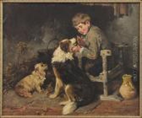 Young Boy Feeding Dogs Oil Painting by John Emms