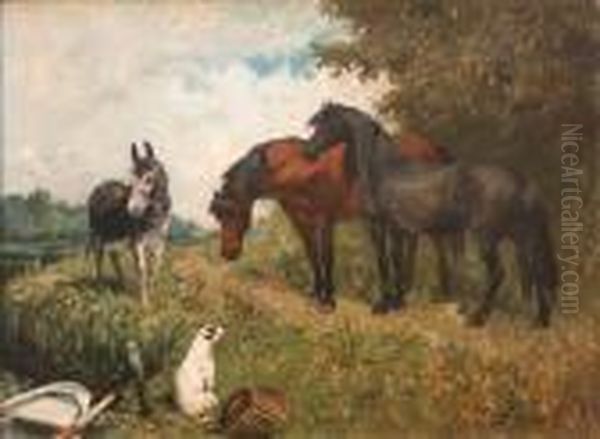 Two Horses And A Donkey Near A 
Seated Terrier Beside A Fisherman's Basket And Rowing Boat Oil Painting by John Emms