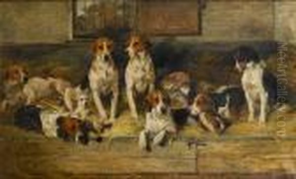 Hounds And A Terrier On A Bench Oil Painting by John Emms