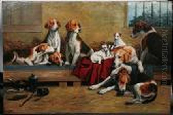 Hounds And Terriers At Rest Oil Painting by John Emms