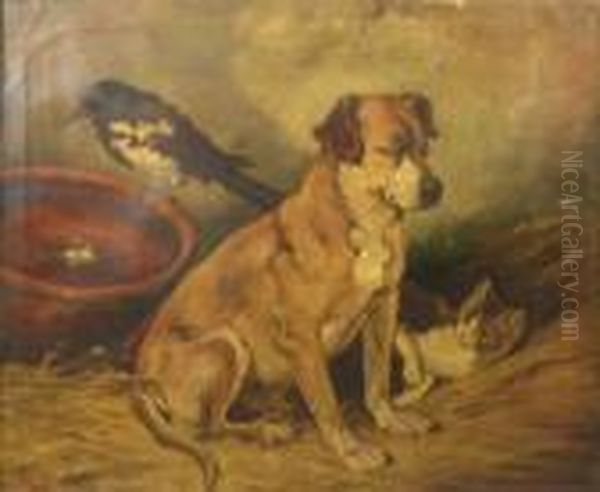 A Dog With A Kitten And A Magpie In Oil Painting by John Emms