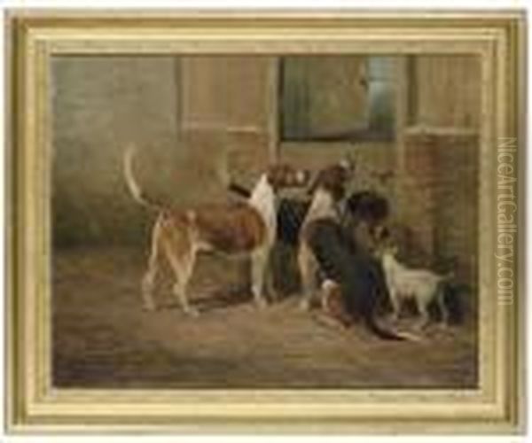 Foxhounds And A Lakeland Terrier By A Stable Door Oil Painting by John Emms