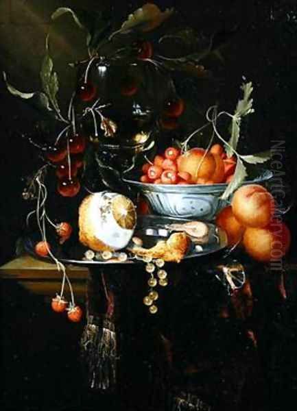 Still life of a peeled lemon with prawns and whitecurrants on a pewter dish Oil Painting by Harmen Loeding