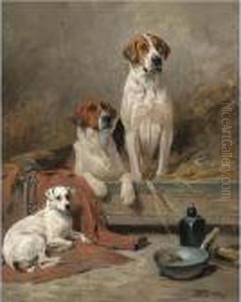 Foxhounds And A Terrier Waiting For The Hunt Oil Painting by John Emms