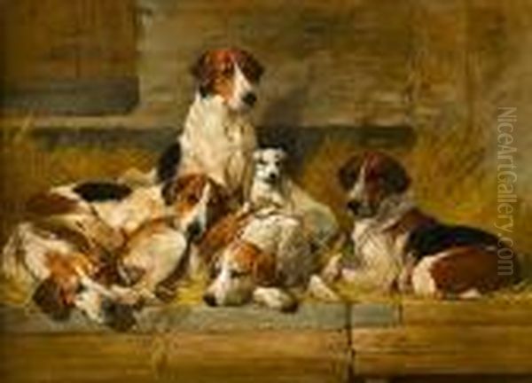 Foxhounds And A Hunt Terrier On A Bench Oil Painting by John Emms