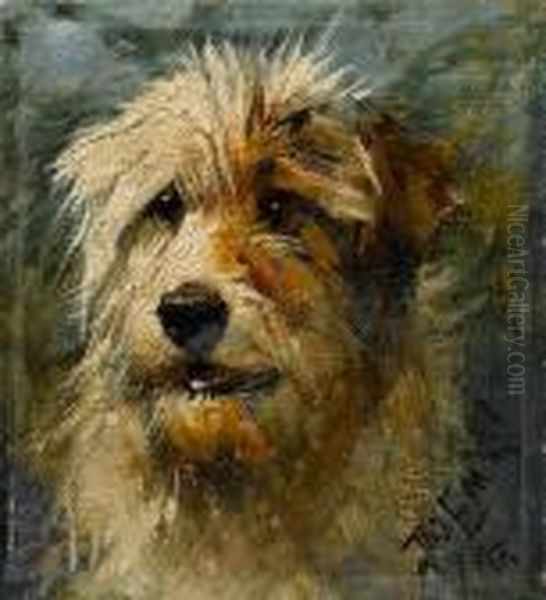 Head Of A Terrier Oil Painting by John Emms