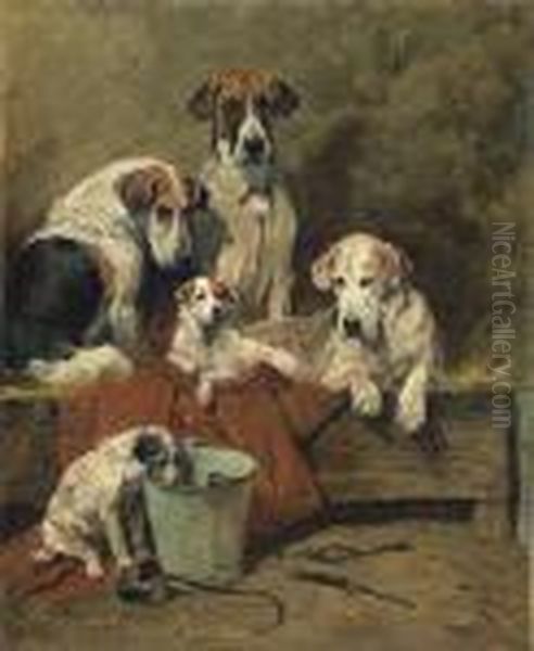 Hounds And Terriers In A Stable Oil Painting by John Emms