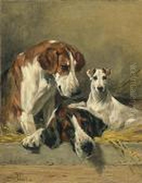 Two Foxhounds And A Terrier In A Straw Bed Oil Painting by John Emms