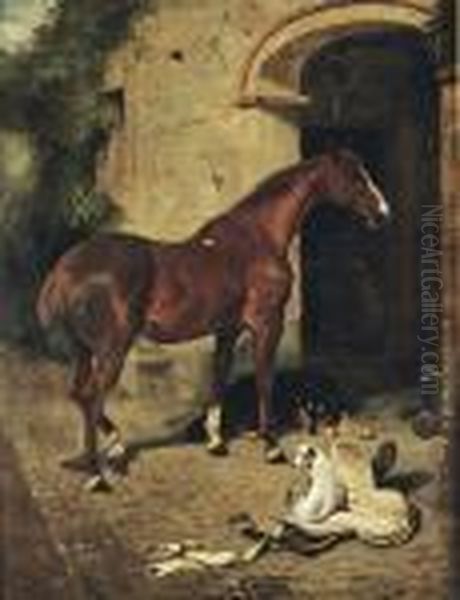 A Chestnut Hunter With A Collie And A Jack Russell Outside A Stable Oil Painting by John Emms