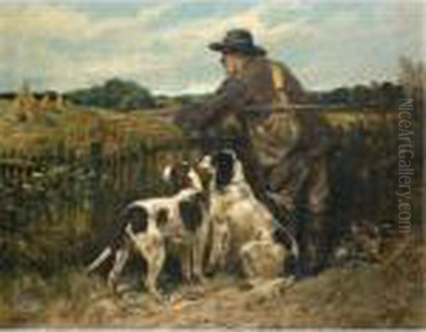 The Days Bag, The Forester And His Dogs Oil Painting by John Emms