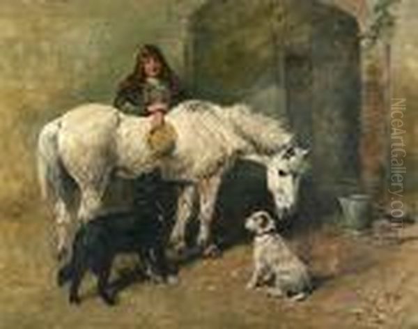 A Girl With Her Horse And Two Dogs At The Stable Oil Painting by John Emms