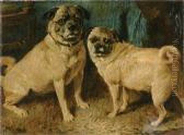 Two Pugs In An Interior Oil Painting by John Emms