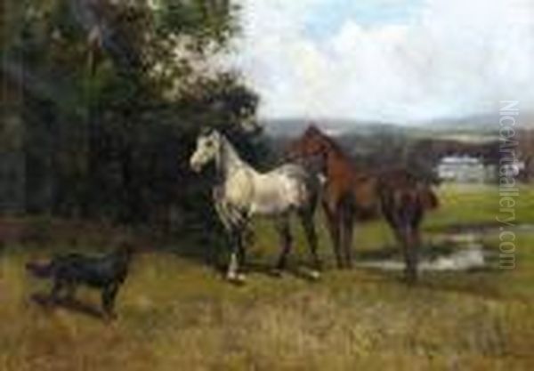 Colonel's Horses And Collie With Huntroyde Hall Beyond Oil Painting by John Emms