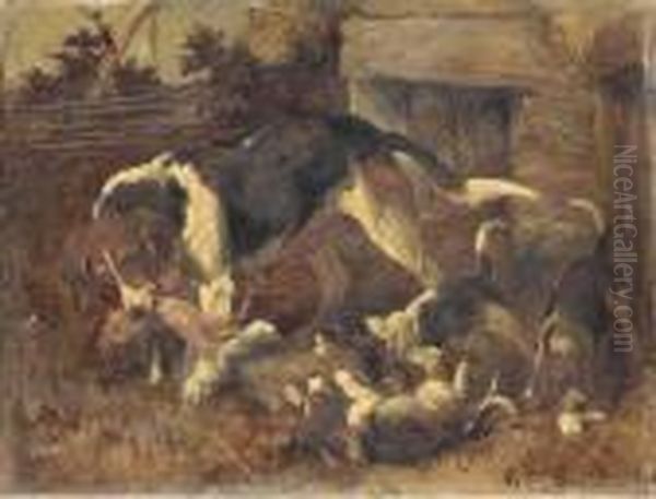 A Hound And Puppies With A Fox's Brush Outside A Kennel Oil Painting by John Emms