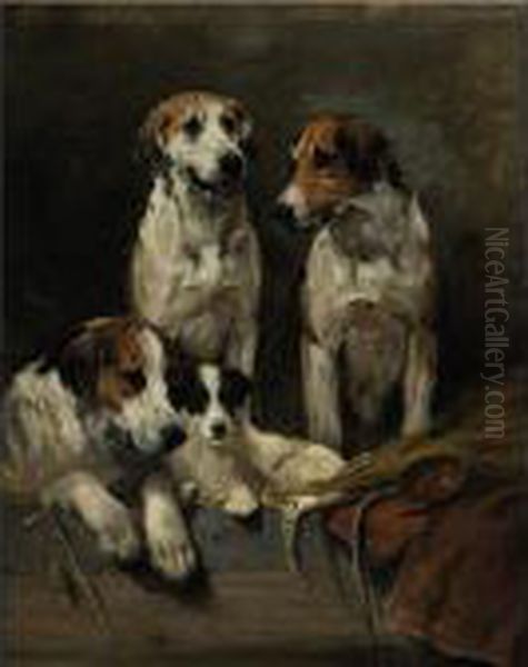 Three Hounds With A Terrier Oil Painting by John Emms