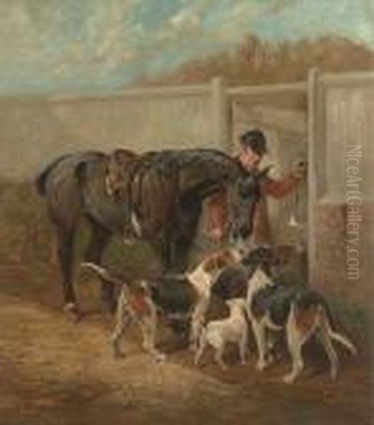 The End Of The Day: A Huntsman Returning To Kennels Oil Painting by John Emms