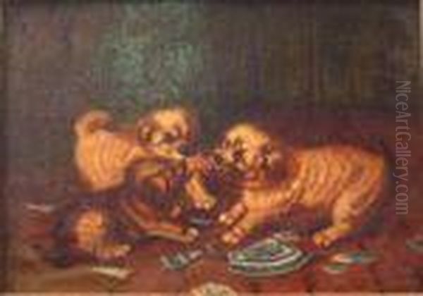 Threedogs Fighting Over Food Oil Painting by John Emms