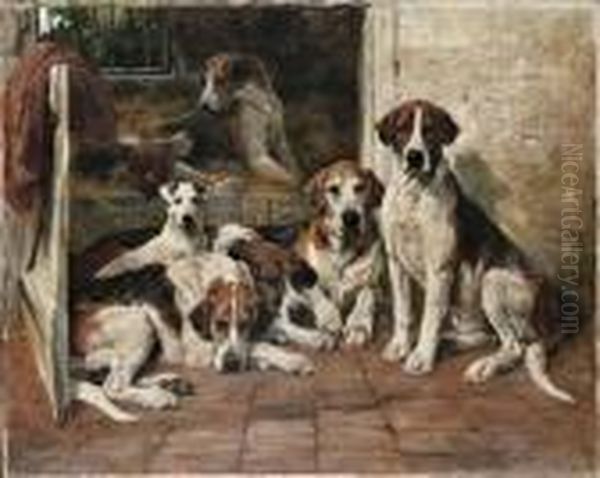 Hours Of Idleness - Hounds And A Terrier In A Kennel Oil Painting by John Emms