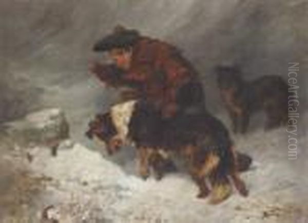 Highland Lad With Collies In The Snow Oil Painting by John Emms