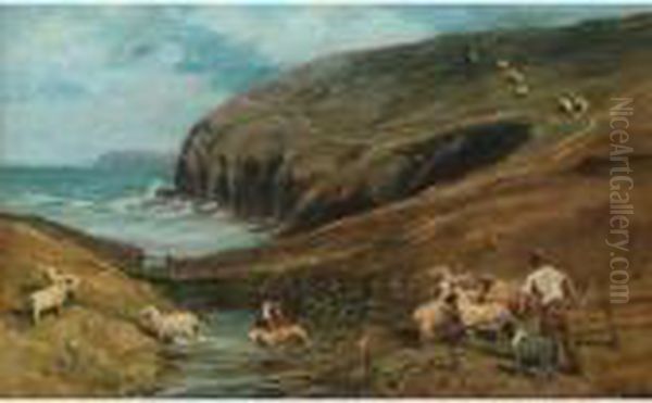 The Sheep Dip; Gathering Hay Oil Painting by John Emms