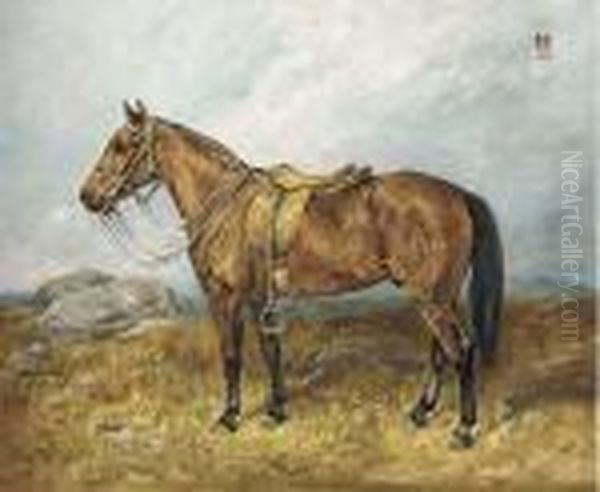 Punch, A Saddled Military Pony, In A Landscape Oil Painting by John Emms