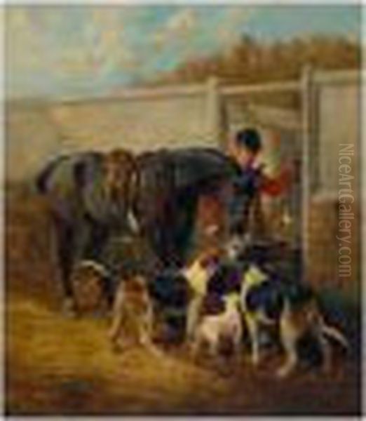 A Huntsman With His Horse And Hounds Oil Painting by John Emms